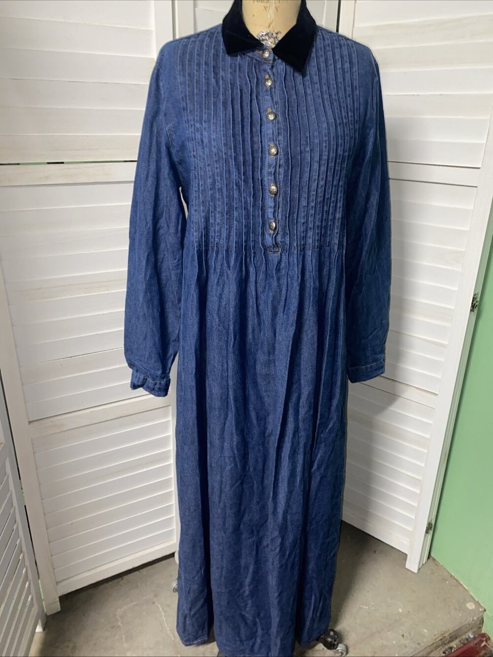90s Central Falls Blue Cotton Denim Jean Maxi Shirt Dress Velvet Collar USA 14